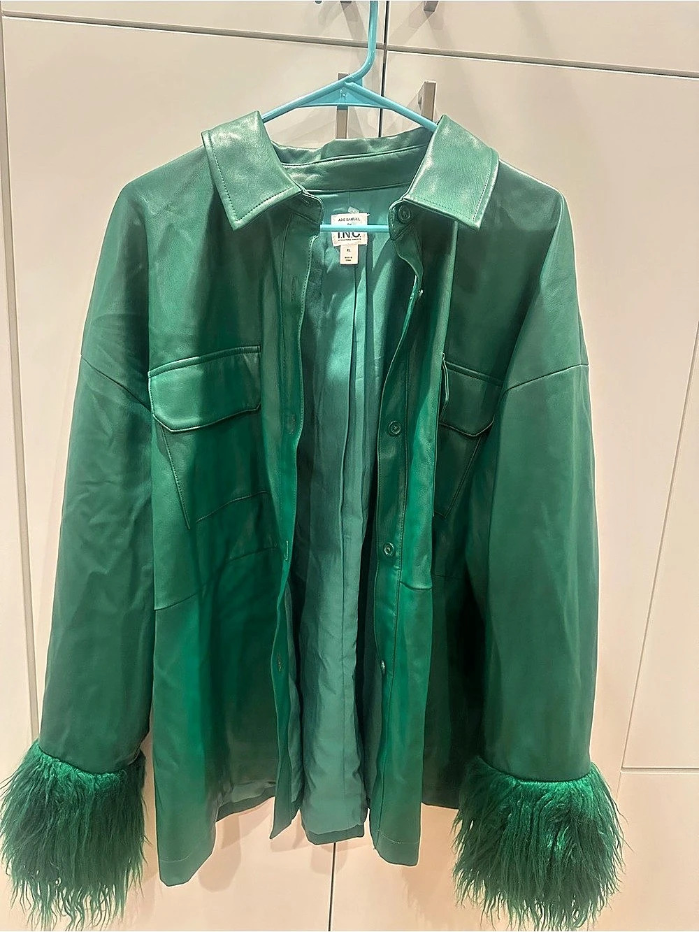 INC International Concepts Ade Samuel for INC Faux-Leather Faux fur Green Jacket